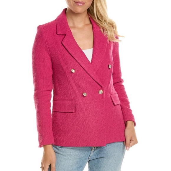 NWT Nanette Lepore Boucle Tweed Jacket Blazer 12 Fucshia Rose Pearl Buttons NEW - Picture 1 of 12